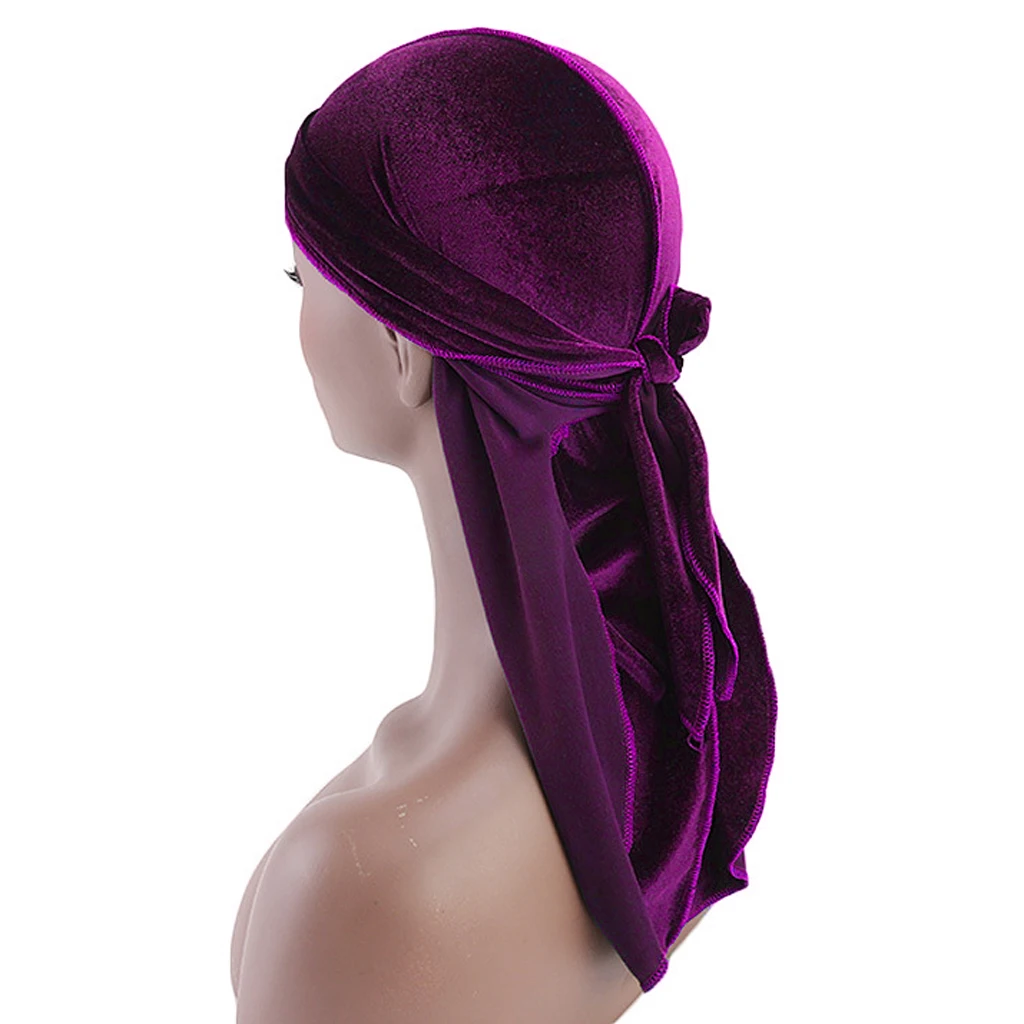 Women Men Long Tail Plain Velvet Bandana Turban Hat Durag Headwear Pirate Cap Head Wraps