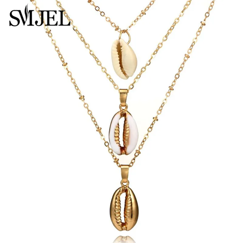 

SMJEL Gold Color Natural Shell Necklace for Women Simple Seashell Ocean Beach Bohemian Three Layers Necklace Jewelry Gift
