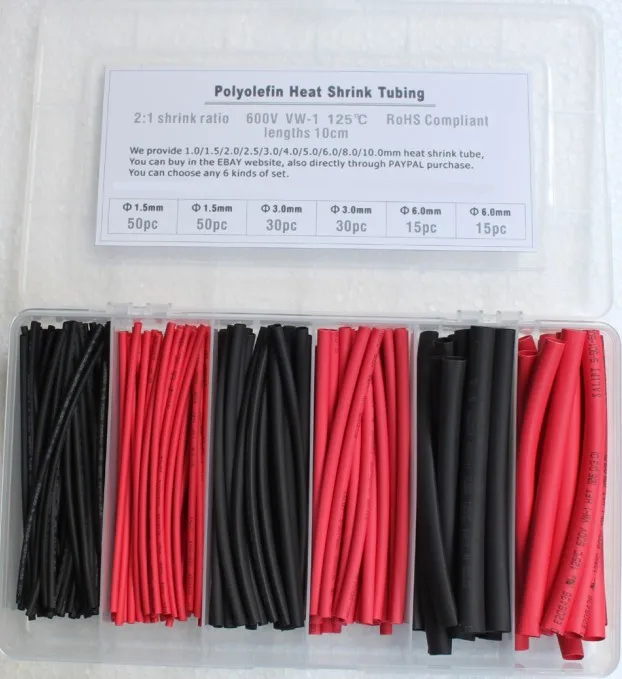 

3 Sizes Heat Shrink Tubing Kit TWO Colors ,1.5MM .3 MM.6MM 190PCS in box black&red