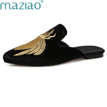 

MAZIAO Luxury Embroidery Mules for Women Pointed Toe Flat Slippers Velvet Flower Printed Slides Women Party Shoes Casual Shoes