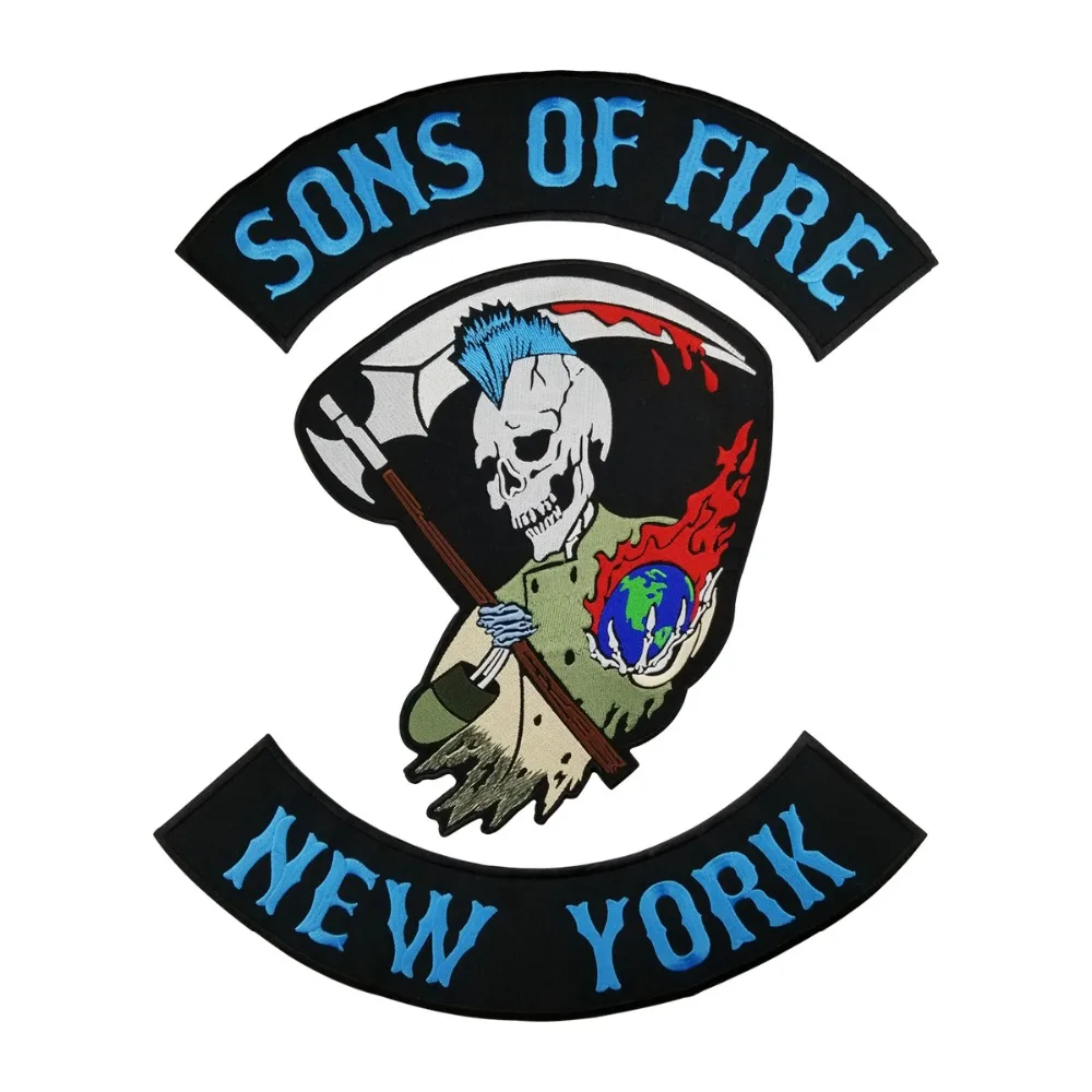 SONS OF FIRE NEW YORK SKULL MOTORCYCLE COOL LARGE BACK PATCH ROCKER CLUB VESTOUTLAW BIKER MC PATCH (2)