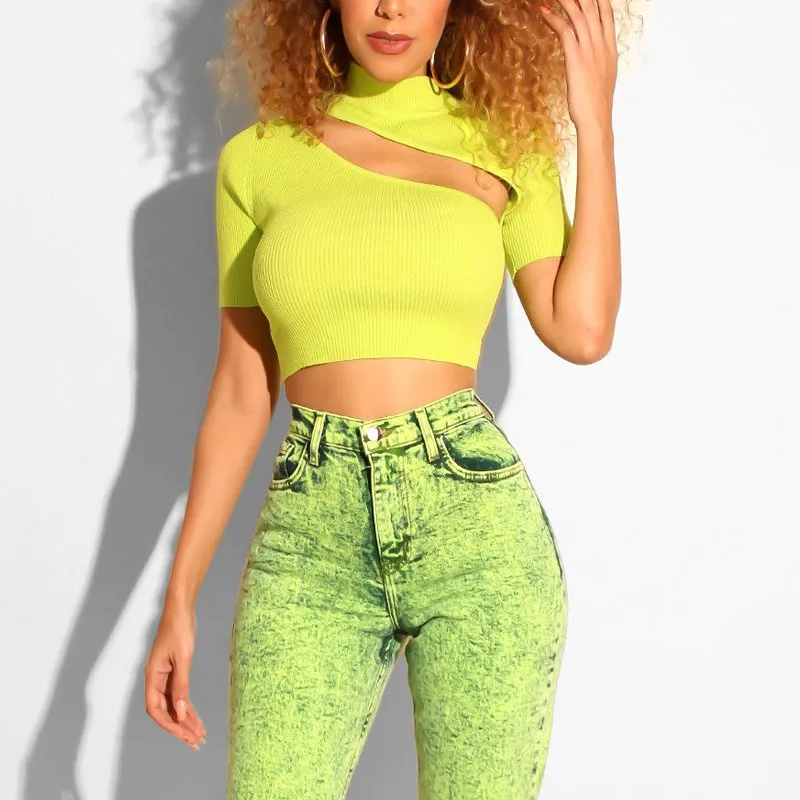 

Summer Ladies Top Turtle Neck Hollow Out Short Tees Tops Women Short Sleeve Slim T-Shirts Blusas Women Clothes