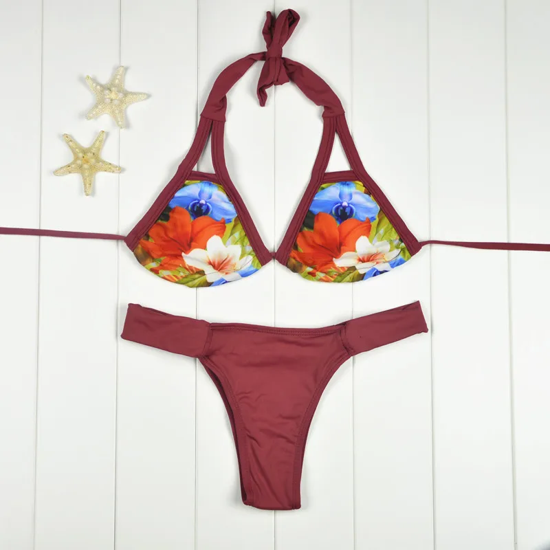 

2017 New Slim Print Floral Bikini Set Women Push up Bandage Swimwear Brazilian Patchwork Swimsuit Bathing Suit Beachwear Biquini