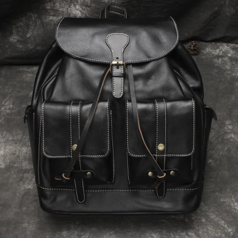 Front View of Woosir Genuine Leather Drawstring Backpack