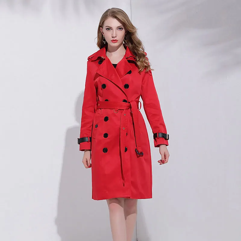 Women Fall Fashion Red Trench Coat Military Style Long Overcoat Vintage