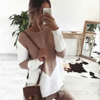

Spring Autumn Women Loose Long Sleeve Sweater New Ladies Color Patchwork Sweater Jumper Knitted Jumper Pullover Tops Sweaters