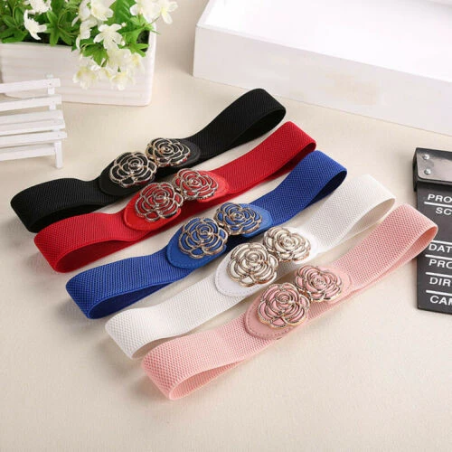 Hot Women Wide Waist Belt Vintage Metal Flower Elastic Stretch Buckle Waistband Cummerbunds black waist belt