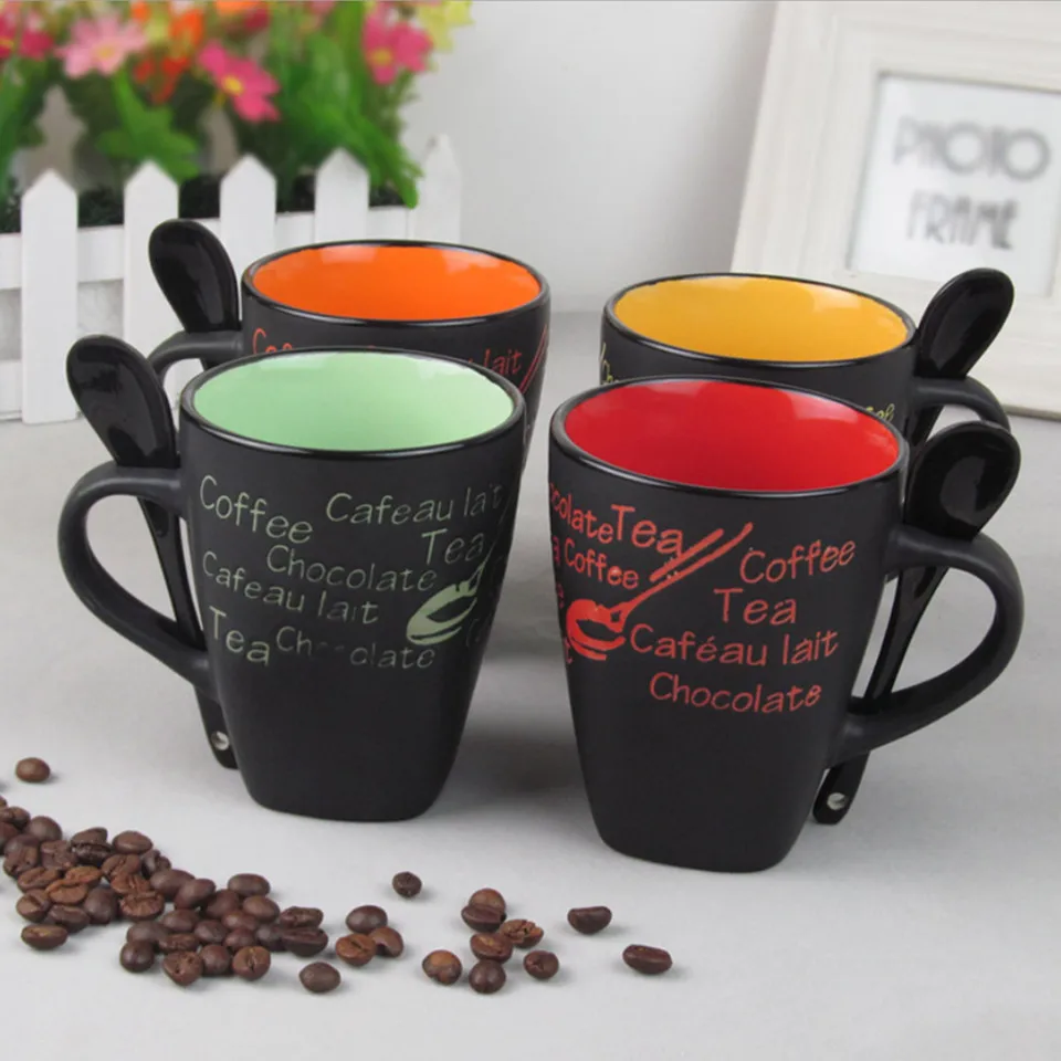 Coffee Cups And Mugs With Spoon Matte Black Ceramic Coffee Mug Milk Cup DrinkTea Creative Porcelain Travel Coffee Mug Letters        CB223-CB226 (1)
