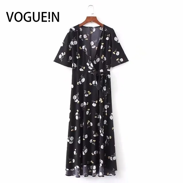Женское винтажное платье миди VOGUEIN с глубоким v-образным вырезом и цветочным