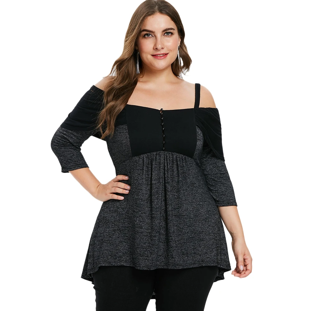 High Low T Shirt Women Autumn Half Button Up Marled Tops Casual Square