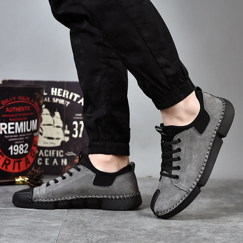 khaki Moda Leve Lace Flats gray Temporada Couro Black Calçados Homens Vestem Genuíno A Toda Dos Up Casuais Confortável Se W5 Sapatos Masculino FCPx1wT