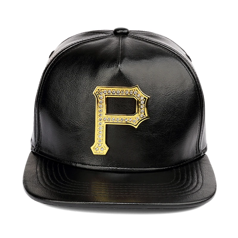 NYUK Baseball Leather Hats Brand Snapback Caps With Letter P Rhinestone Logo Hip Hop Rap