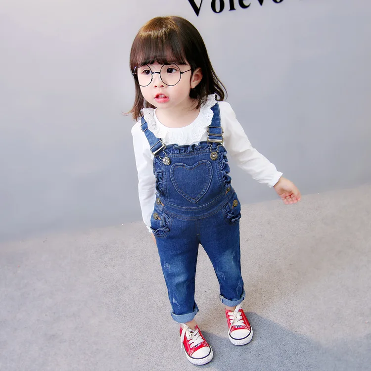 

2019 Spring autumn girls Jeans bottoms baby lacework pants overall Kids loving heart trousers children suspender trousers