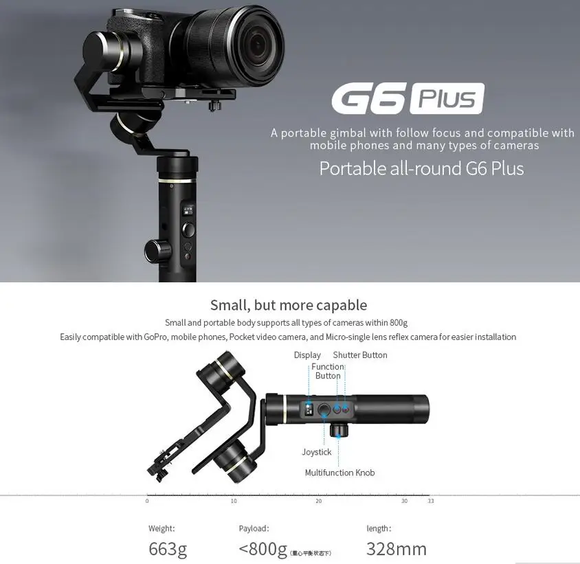 FeiyuTech G6 плюс 3-осевой Карманный Стабилизатор Для беззеркальных Камера карман Камера GoPro Smartphone Полезная нагрузка 800 г