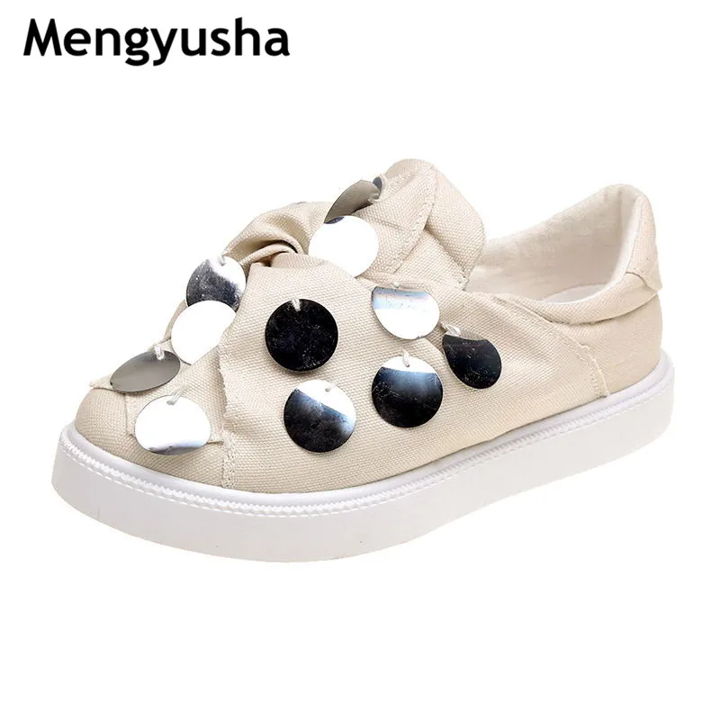 

2018 fashion autumn bow sequined flat shoes ladies shallow layer shoes thick white shoes
