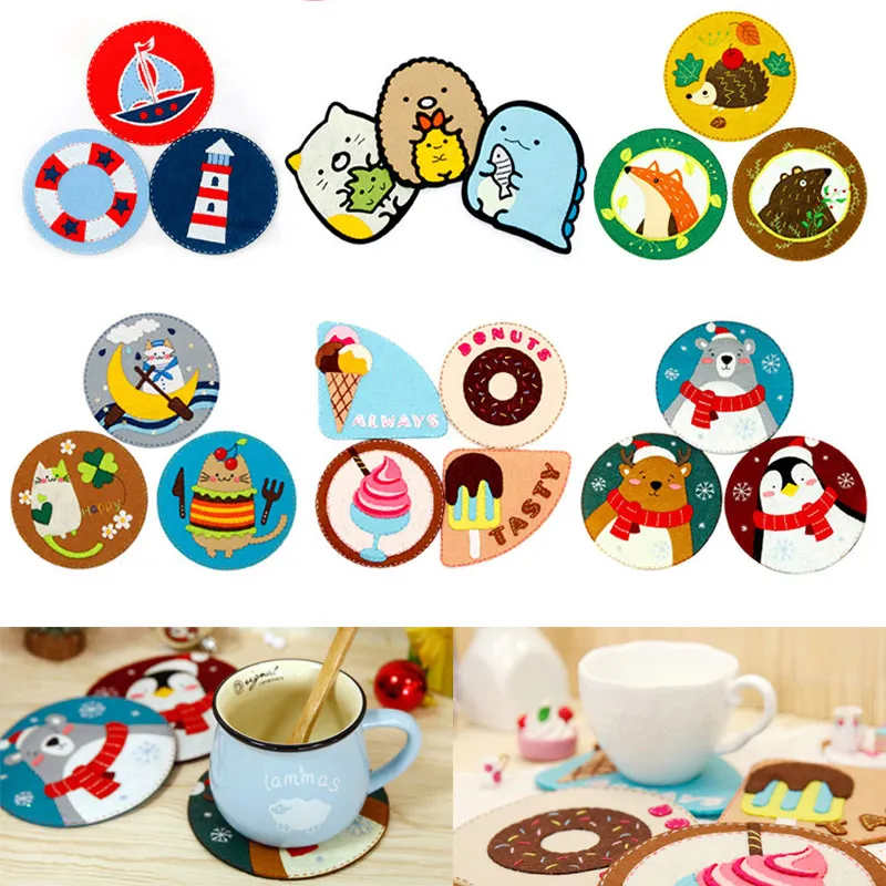 

9 Styles Dining Table Placemats 3Pcs/Set Handmade Cartoon Coasters Anti-skid Fabric Cup Coaster Felt DIY Material Package 13CM