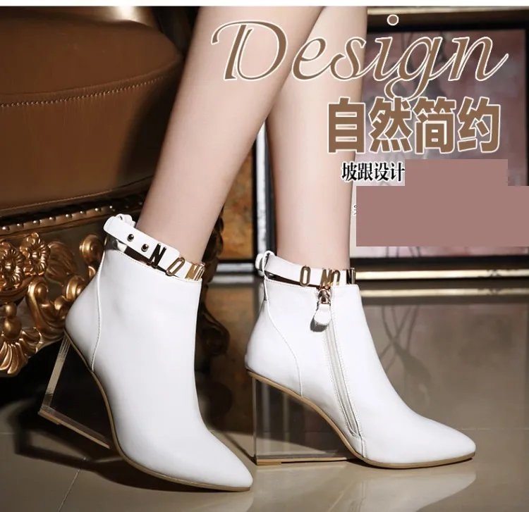

Womens Transparent Wedge Heel Faux Leather Ankle Boots Side Zip Pointed Toe Shoe C57