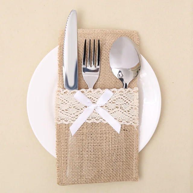 1pcs Lace Design Burlap Silverware Holder Cutlery Rustic 1pcs Lace Design Burlap Silverware Holder Cutlery Rustic Wedding Table Decor Jute Knife Fork