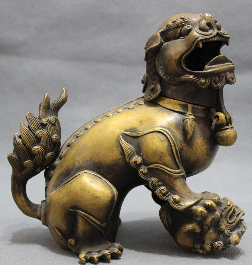 Chinese Bronze PiXiu Foo Fu Dog Lion Head Ball Statue Incense Burner