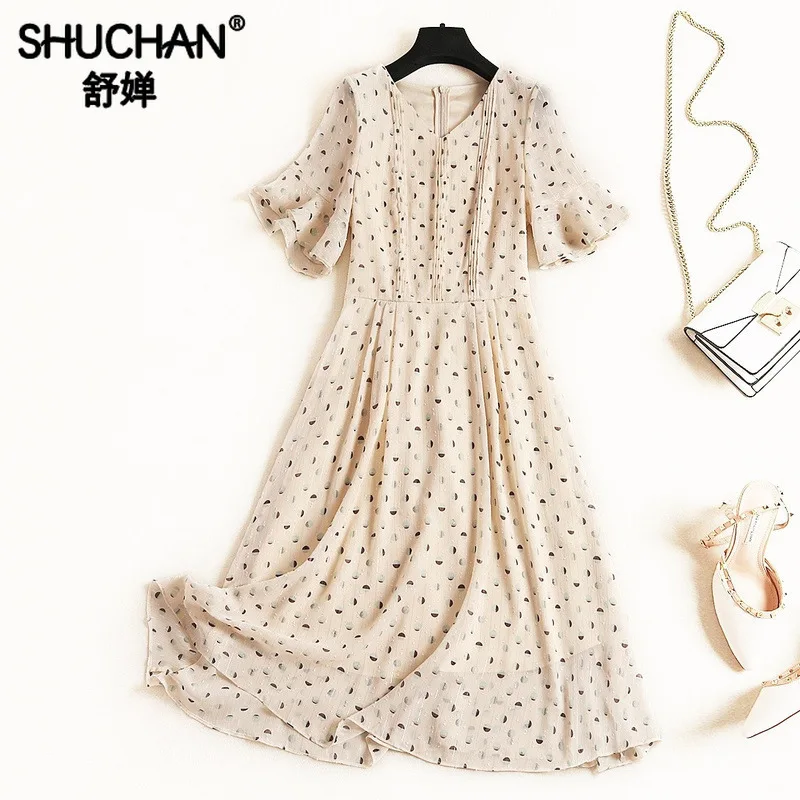 

Shuchan Bohemian Medium Length Chiffon Dress with Polka Dots Butterfly Sleeve Knee-Length Summer Sundresses and Dresses 2019