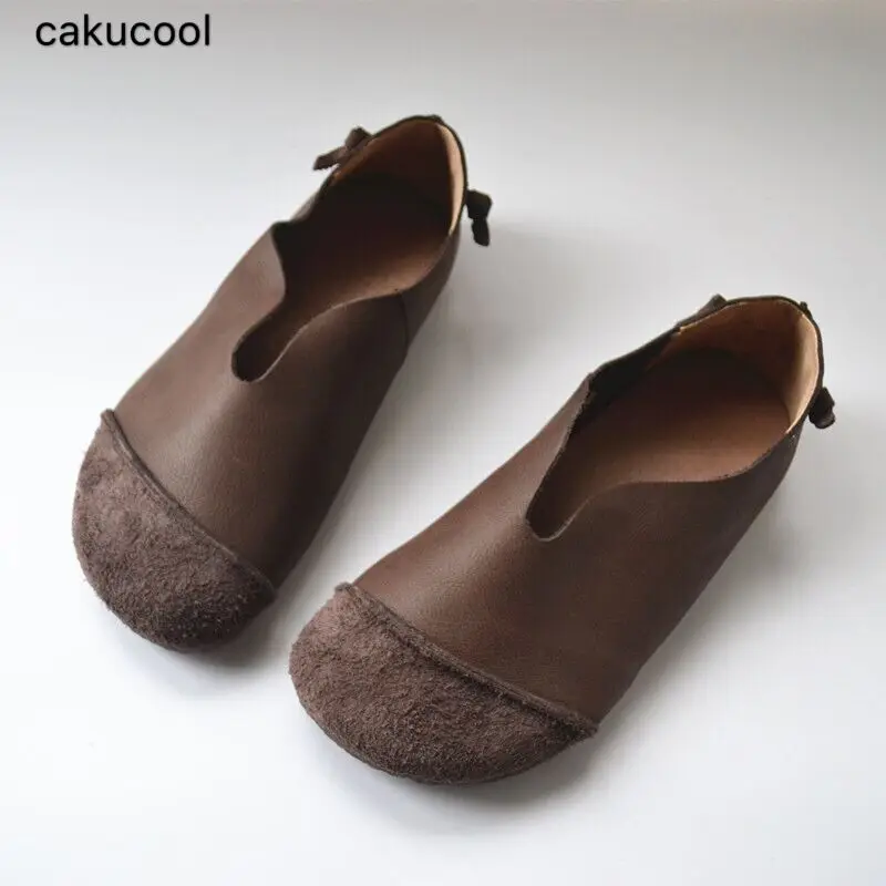 

Cakucool 2019 spring and autumn leather casual one-legged single shoes female retro soft leather soft bottom stitching manual