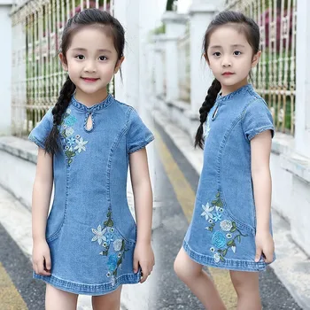 

New 2019 Denin Sheath Dresses Baby Big Girls Embroidery Floral Summer Mini Toddler Dress Kids Clothing Children Party Dresses