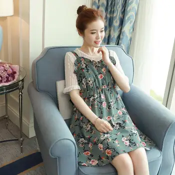 

2Pcs/Set Pregnant Women Summer Dress Suit Floral Lace Top Chiffon Harness Dress Set Korean Style Fashion Print