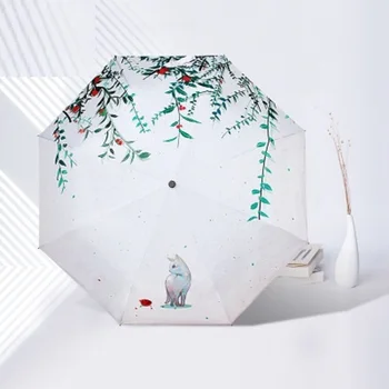 

Japanese Three Folding Umbrella Small Fresh Literary Style Korean Students Parasol Creative Simple Cat Anti UV Girl Umbrellas