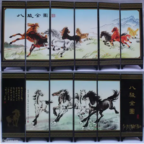 Китайский Винтаж ручной работы восемь лошадей Складная перегородка шесть штук складной экран