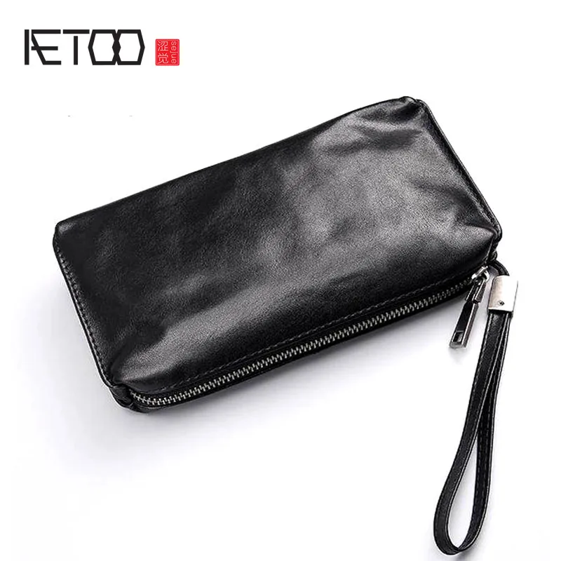 

AETOO Hand bag men's soft leather retro casual long wallet men's first layer leather mobile phone bag