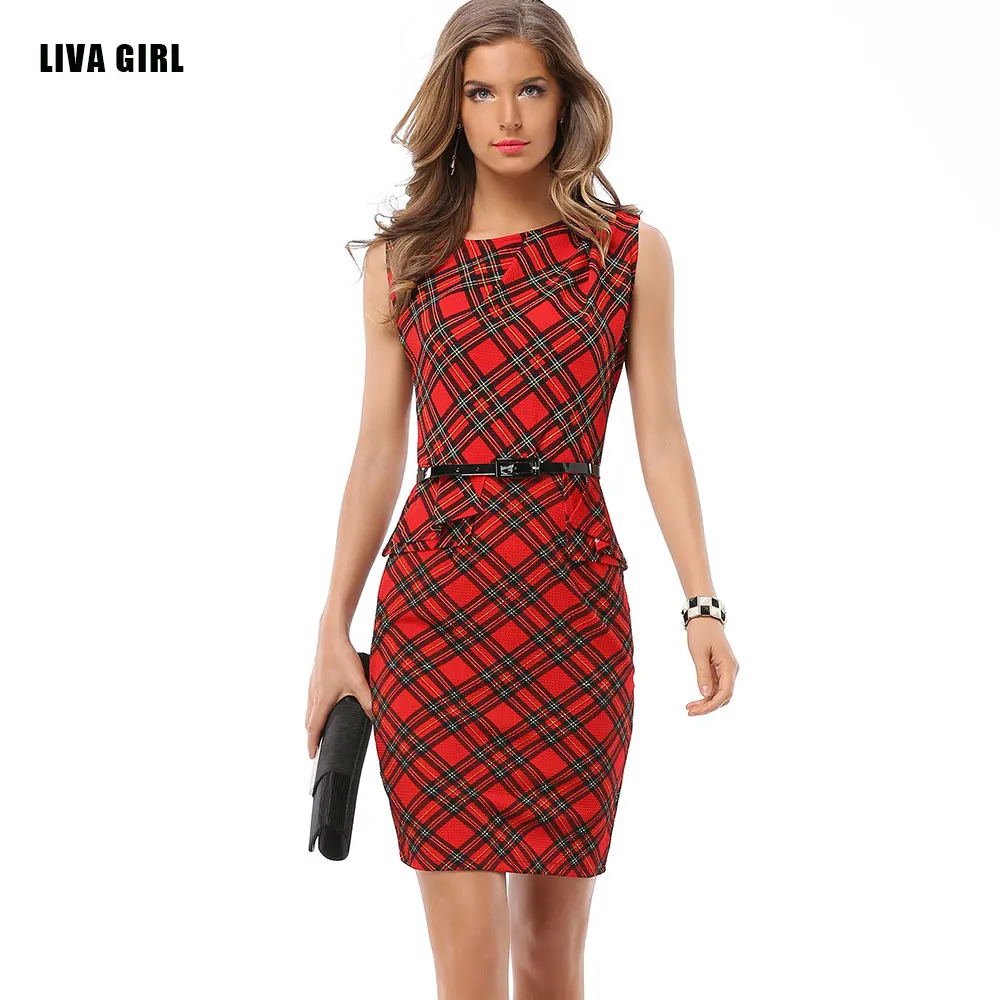 

Elegant Business Dress for Women Red Dress Plaid Vintage Slim Summer Women Plus Size 2019 Fashion Pencil Bandage Dress 766