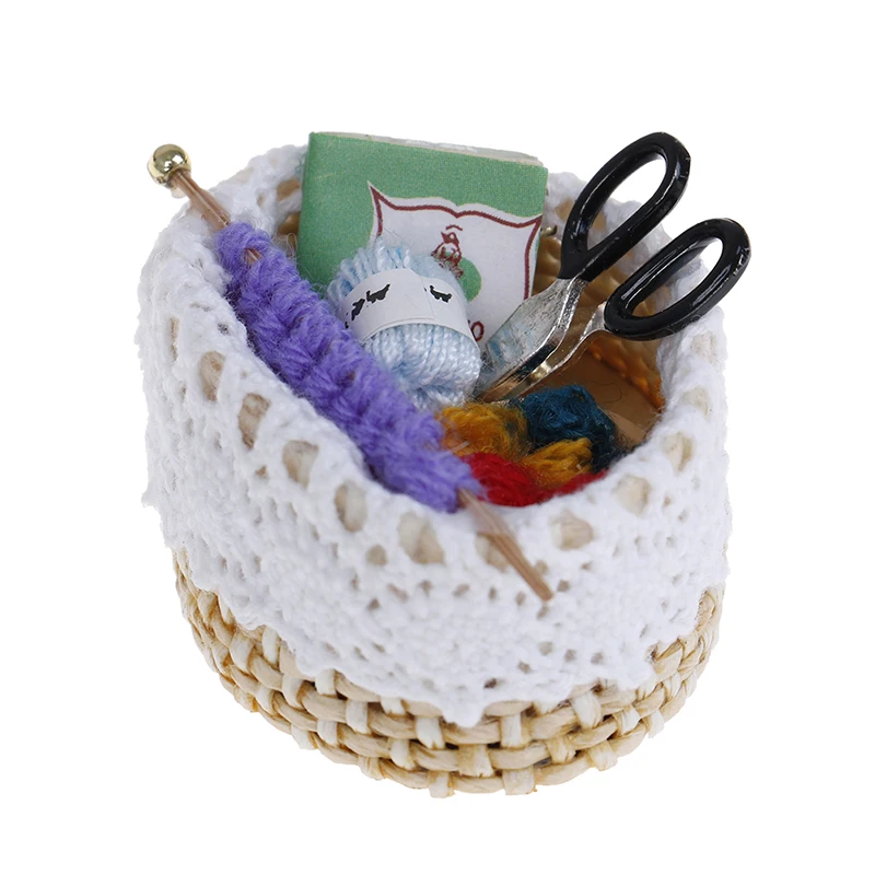 

1/12 Dollhouse Miniature Accessories Mini Knitting Tools Basket Simulation Scissors Wool Model Toys for Doll House Decoration