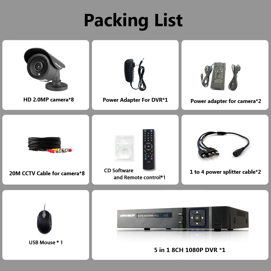 HD 8CH 1080P CCTV Security System 8PCS 3000TVL IR Outdoor AHD 1080N Video Surveillance 2.0MP Security Cameras 8 channel DVR Kit