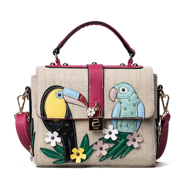 

Womens Bird Flowers Decor Linen Bag Ladies Leather Flower Shoulder Messenger Totes Clutch Handbag 3Colors A403