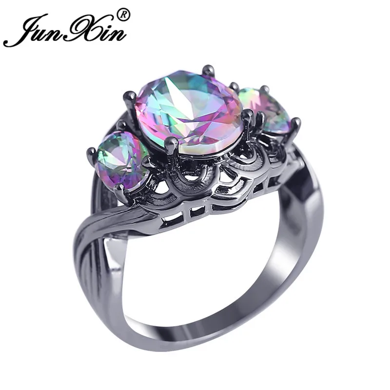 JUNXIN Mystical Fire Birthstone Antique Rings For Women Men Black Gold Oval Rainbow Zircon Big Wedding Finger Ring Female Male