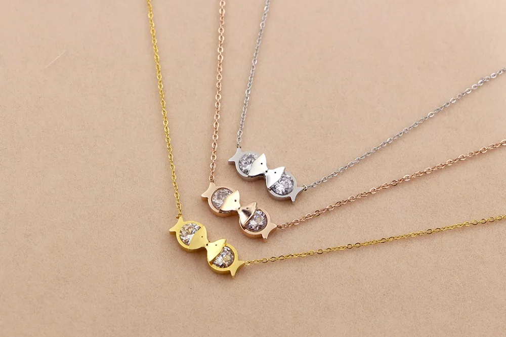 

Fashion Stainless Steel Love Crystal Animal Double Fish Pendant Necklace Rose Gold Color Women Party Gift