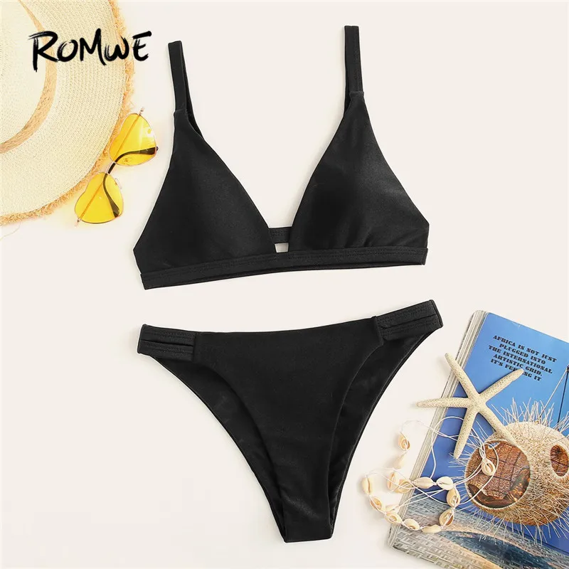 Romwe الرياضة قطع V الرقبة مثلث مجموعة البكيني مع Ruched بيكيني قيعان الصيف الشاطئ الصلبة لباس سباحة للنساء ملابس السباحة Romwe الرياضة قطع V الرقبة مثلث مجموعة البكيني مع Ruched بيكيني قيعان الصيف الشاطئ الصلبة لباس سباحة للنساء ملابس السباحة