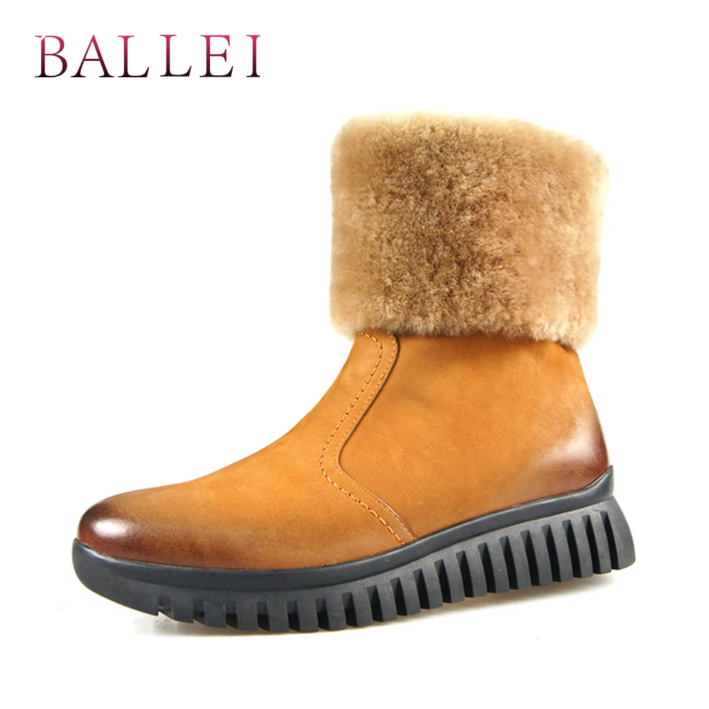 

BALLEI Luxury Woman Ankle Boots High Quality Genuine Leather Soft Round Toe Low Heel Shoes Warm Fur Quality Zipper Lady Boots B4