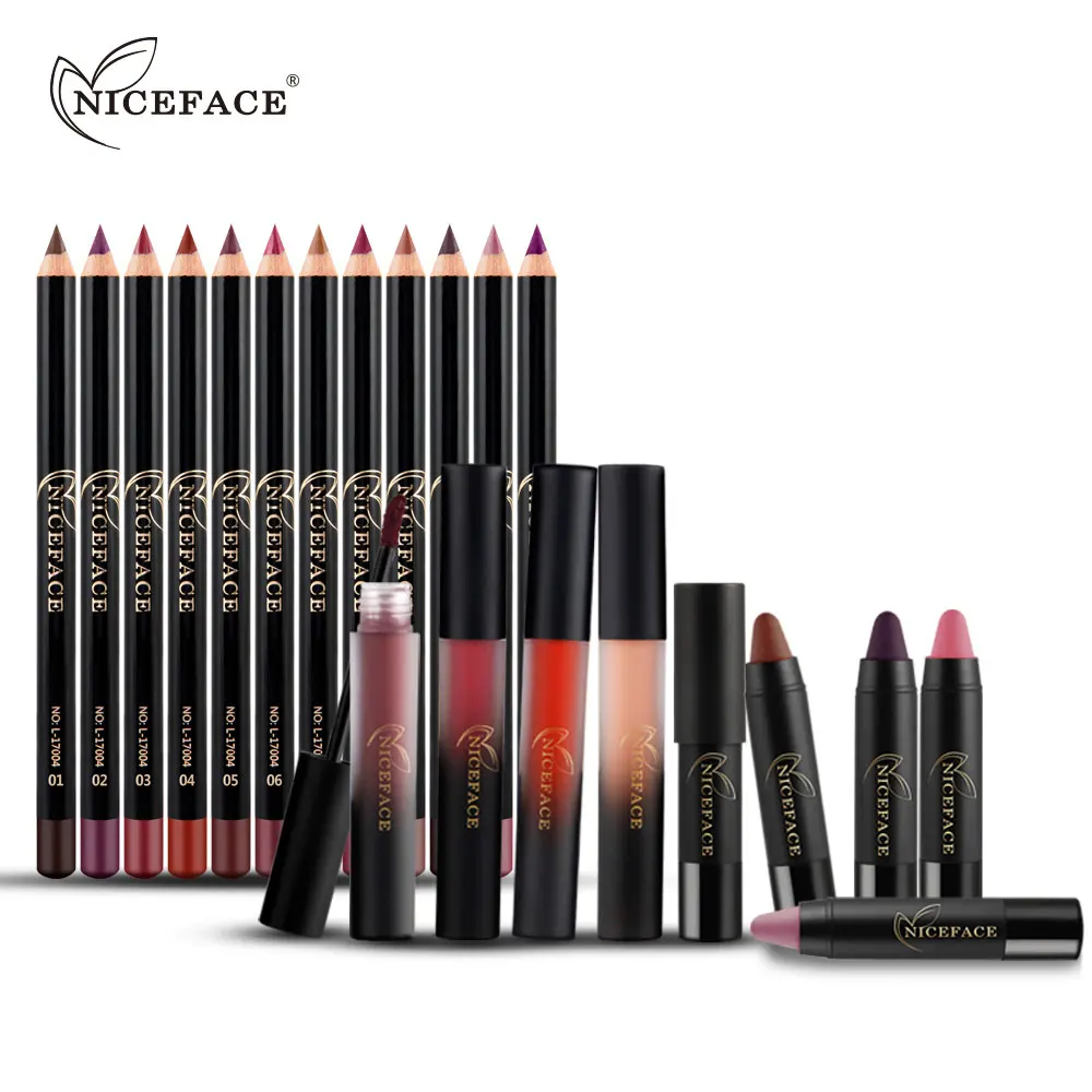 NICEFACE 22 шт., Макияж для губ, набор рождественский подарок, Коврики жидкая помада+ матовая губная помада карандаш+ Обнаженная губа вкладыш+ кисть для губ M09