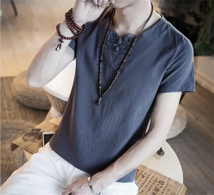 Новая китайская винтажная рубашка с воротником мандарин, льняная рубашка с коротким рукавом размера плюс, Мужская Повседневная блуза, M-5XL 6XL 7XL