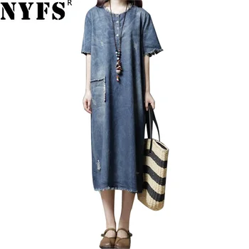 

NYFS 2020 New Summer Dress fashion loose cowboy dress Cotton Vintage Comfortable Solid women long dress female Vestidos Robe
