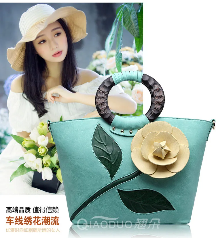 

7 Colors Qiao Duo Vintage Big Rose PU Handbag Sweet Lady Leisure All Match Handbags for Party Travelling Daily Totes Wristlet