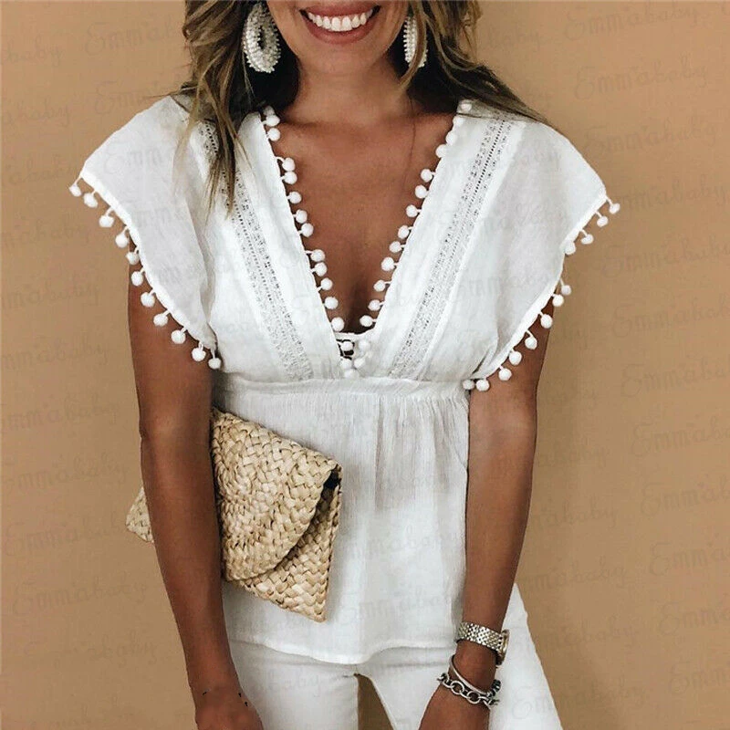 

Women Summer Ball Tassels Vest Top Sleeveless Blouse Ladies Fashion Casual V-Neck Loose Tank Tops Shirt
