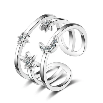 

Wholesale 6pcs Three Layers Stars & Moon 5A Zirconia Resizable Finger Silver Rings Fashion Wedding Party Jewelry Gift for Women