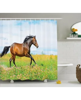 

Equestrian Shower Curtain Horse Rural Flowers Print For BathroomWaterproof And Fabric Washable Set With Hooks