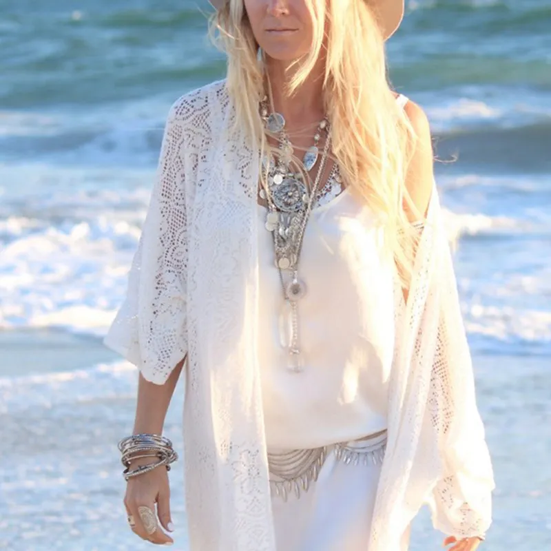 Boho Women Fringe Lace kimono cardigan White Tassels Beach