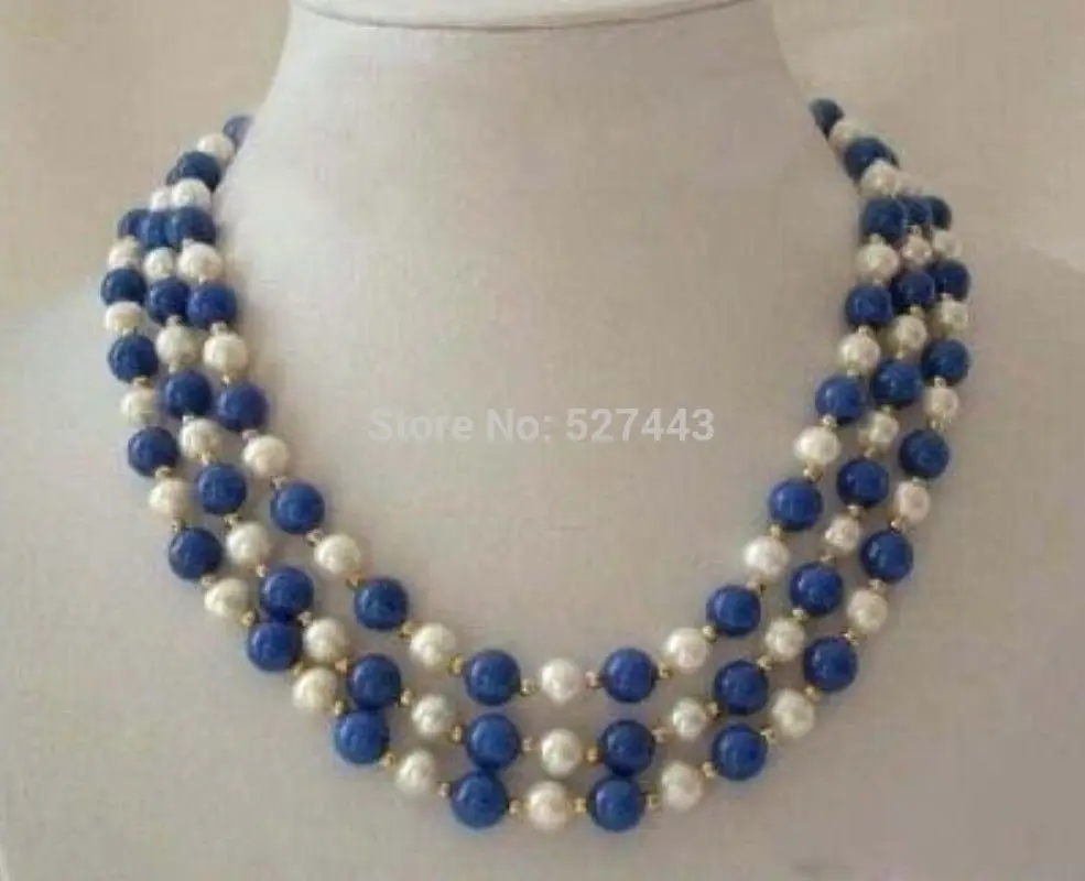 

Wholesale p&p 3 Rows Real White Pearl lapis lazuli Clasp Necklace 17"-19" (A0325)