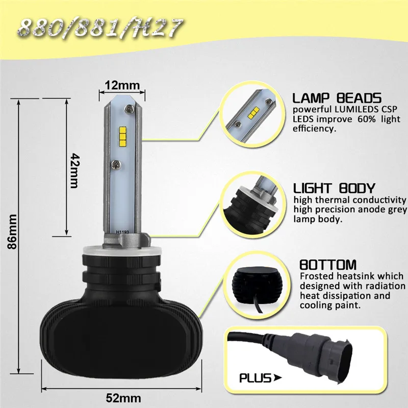 CARSUN S1 H7 9005/HB3 9006/HB4 H4 светодиодный автомобильные лампы 6000K белые чипы CSP 50 Вт 8000 лм Автомобильный светодиодный комплект фар без вентилятора H11 противотуманные фары