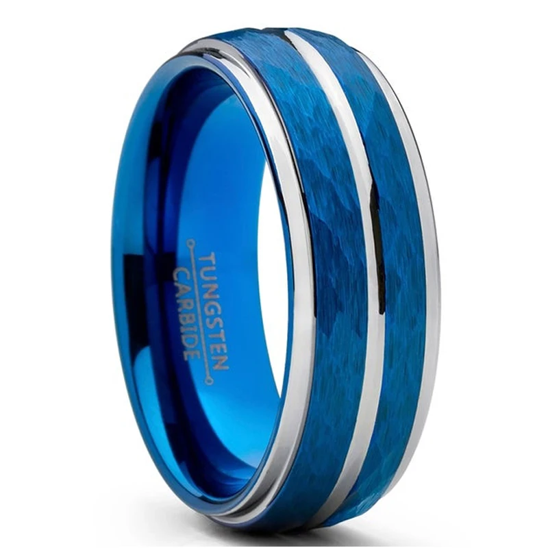 

Customize Tungsten Carbide Rings 8mm Men Women Engagement Band Comfort Fit Blue Hammered Finished