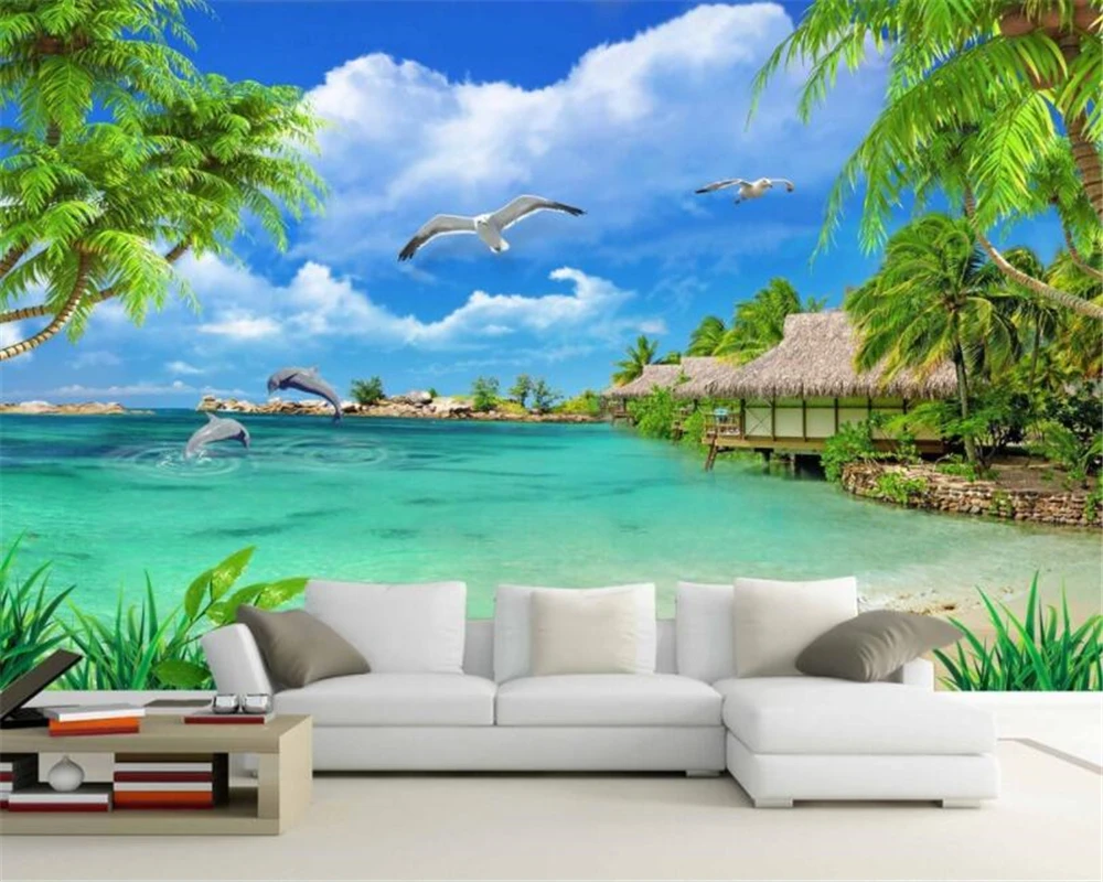 Фотообои Beibehang HD кокосовое дерево морской берег дельфин пейзаж 3d обои для